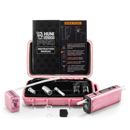 Huni Badger Pro portable device with instruction manual and accessories in pink case for herbal extracts.