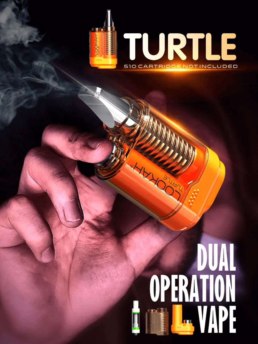 Lookah Turtle 510 thread dab pen battery with dual operation modes in vibrant orange color held in hand.