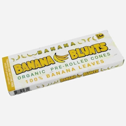 Banana Blunts Organic Pre-Rolled Cones packaging, made from 100% banana leaves, tobacco-free smoking experience.