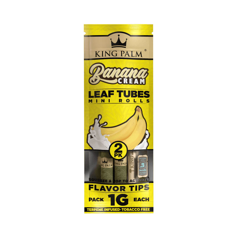 King Palm Banana Cream Mini Rolls 2pc pack with flavor tips, 1 gram each, terpene-infused and tobacco-free.