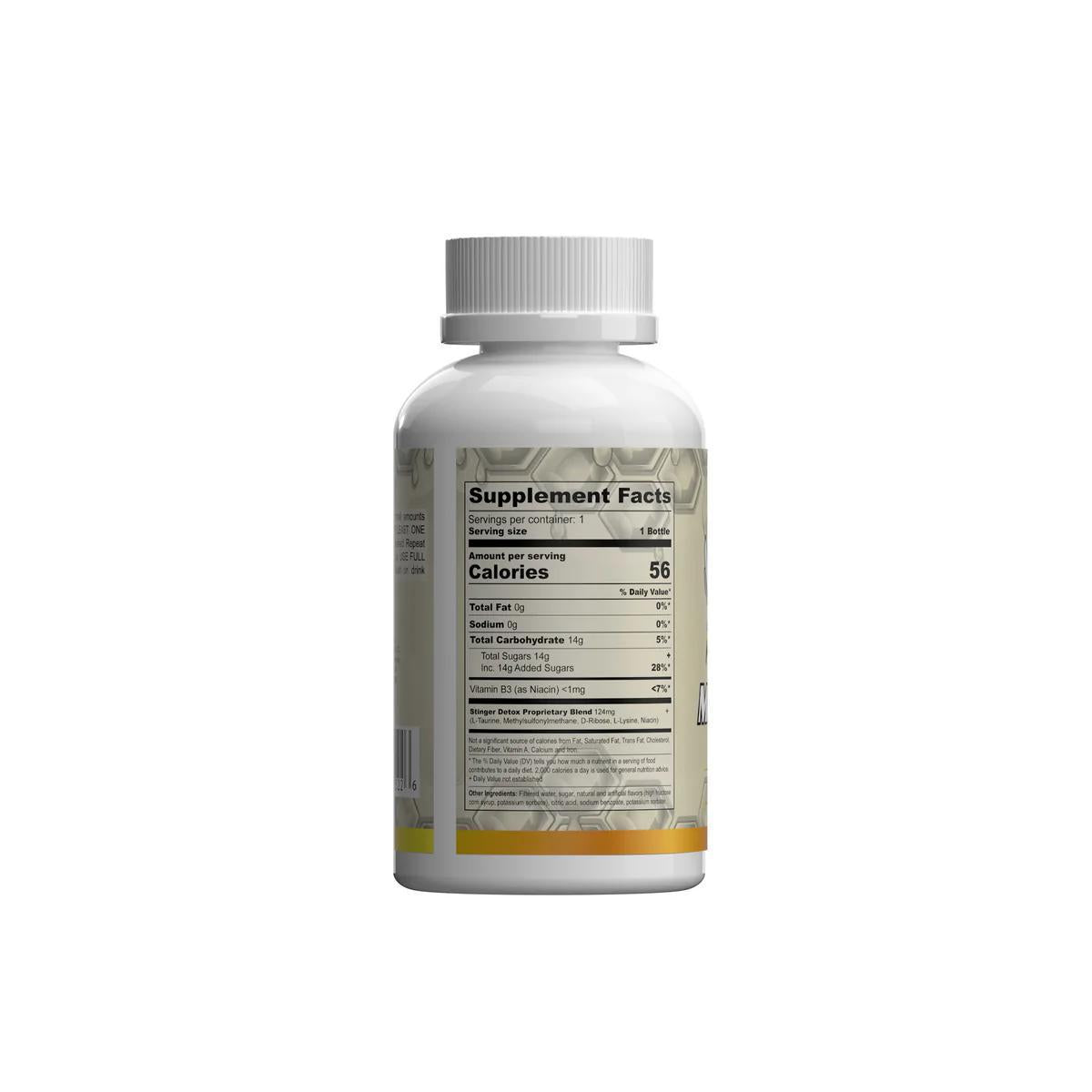 Stinger Detox Mouthwash supplement facts label on a bottle, showcasing nutritional information and ingredients.