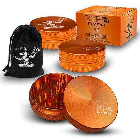 STR8 Rypr 63mm 2PC Herb Grinder in orange with packaging and storage bag for smooth grinding.