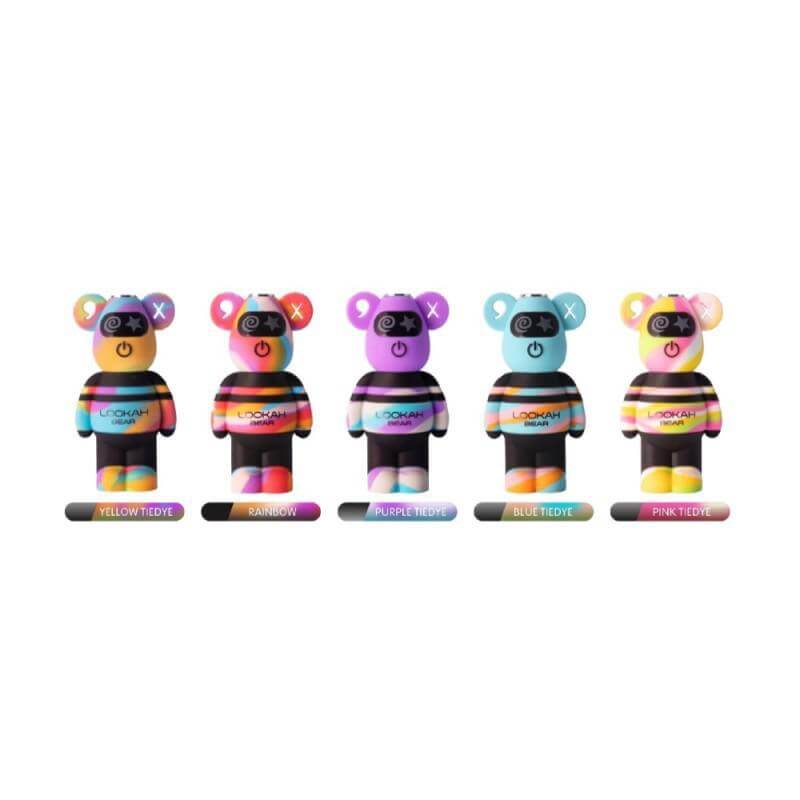 Lookah Bear 510 battery in limited edition tie dye colors - Yellow, Rainbow, Purple, Blue, and Pink.