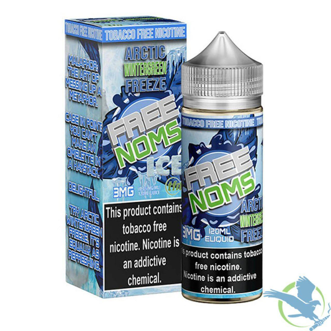 Noms Ice 120ml e-juice bottle and box, featuring Arctic Wintergreen Freeze flavor in a vibrant design.