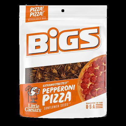 Bigs Pepperoni Pizza Sunflower Seeds in a resealable bag, packed with bold flavor and crunchy texture.