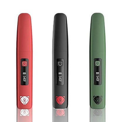 Bear Quartz Trio 2.0 Hot Knife / Light / IR Thermometer in red, black, and green colors on a reflective surface.