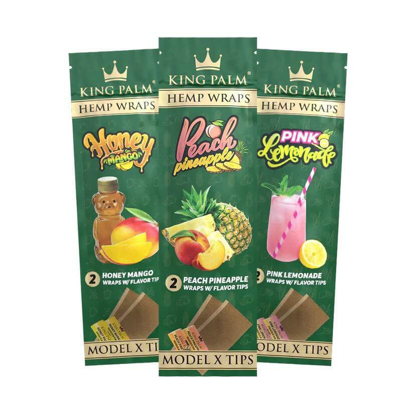 King Palm Hemp Wraps bundle pack with Honey Mango, Peach Pineapple, and Pink Lemonade flavors and Model X tips.