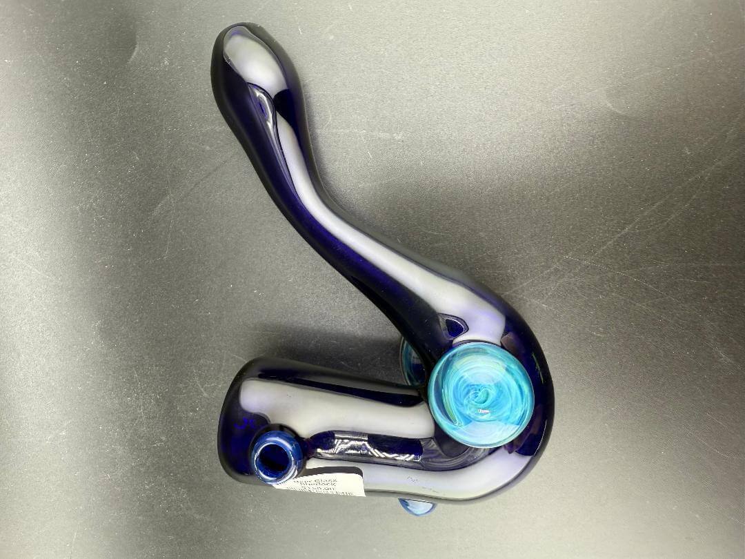 Beer Glass Sherlock Pipe - Cobalt Blue w/ Chaos Fumed Pendant Attachment on a black background.