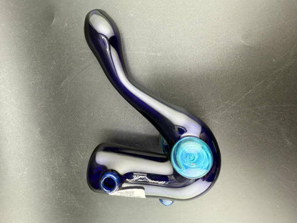 Beer Glass Sherlock Pipe - Cobalt Blue w/ Chaos Fumed Pendant Attachment on a black background.
