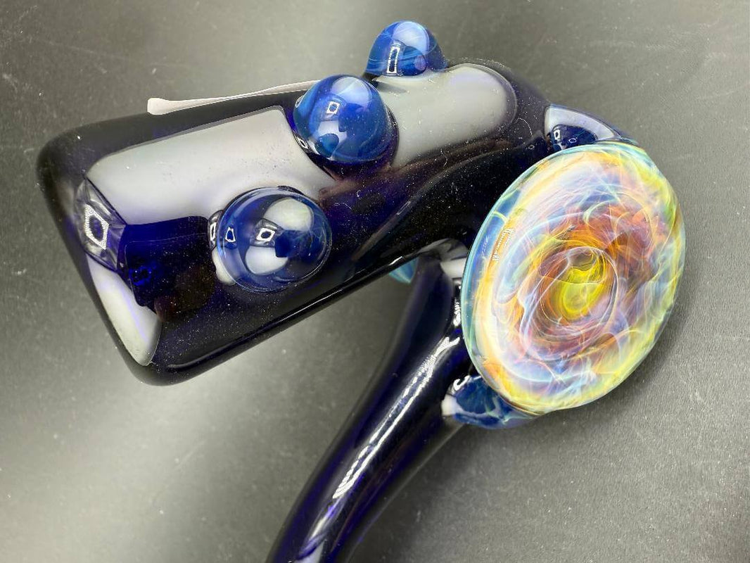 Beer Glass Sherlock Pipe - Cobalt Blue w/ Chaos Fumed Pendant Attachment featuring vibrant colors and intricate design.