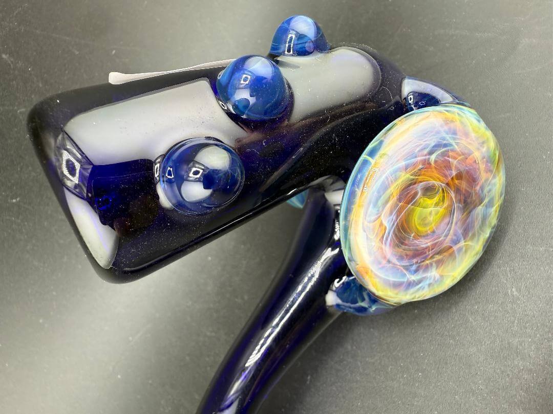 Beer Glass Sherlock Pipe - Cobalt Blue w/ Chaos Fumed Pendant Attachment featuring vibrant colors and intricate design.