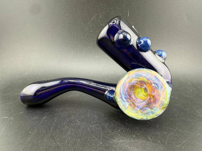 Beer Glass Sherlock Pipe - Cobalt Blue w/ Chaos Fumed Pendant Attachment showcasing rich cobalt body and vibrant pendant.