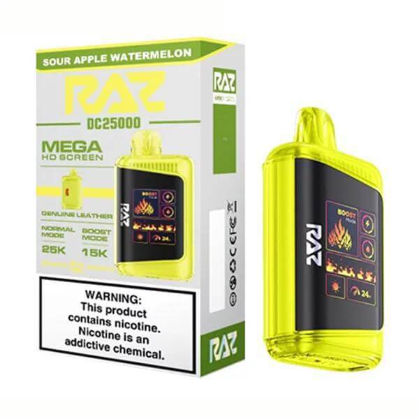 Raz 25 Disposable Nicotine Vape in Sour Apple Watermelon flavor with HD screen and warning label.
