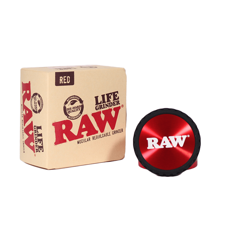 RAW Life Grinder in red with modular design, packaged in box for easy use and maintenance.