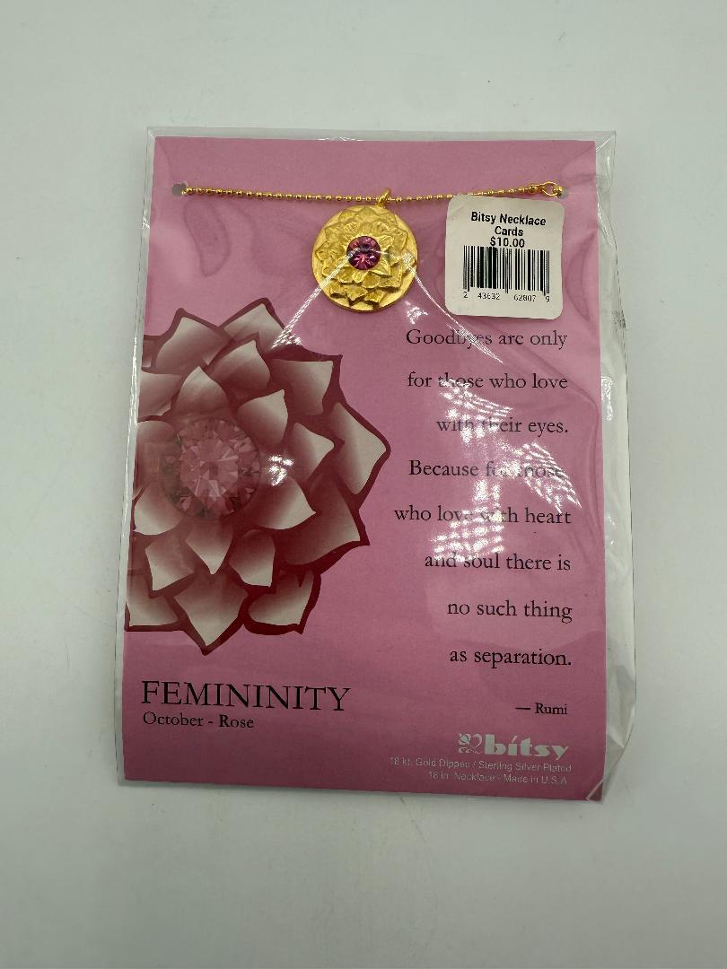 Bitsy Gemstone Birth Month Necklace displayed with its packaging, featuring rose gemstones and feminine design elements.