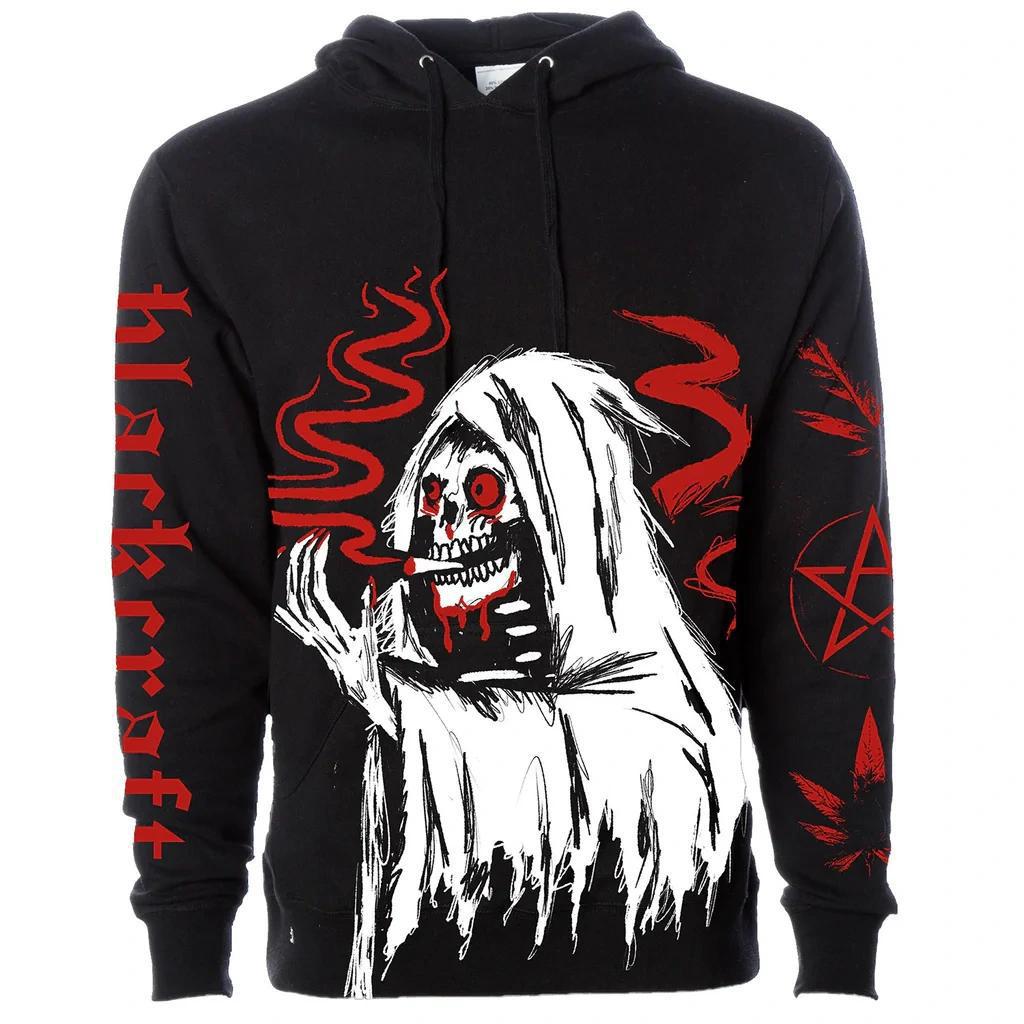 BlackCraft Cult Sweatshirt showcasing gothic design with red accents and bold graphics.