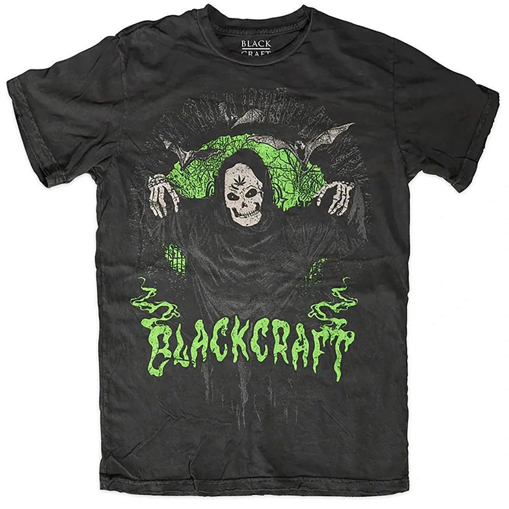 BlackCraft Cult T-shirt featuring bold skull graphic and vibrant green text, promoting individuality and dark fashion.