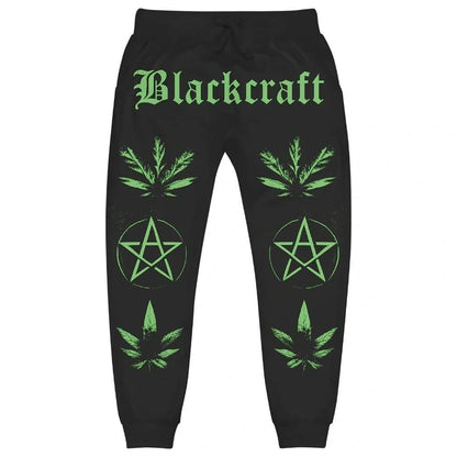 BlackCraft Cult Joggers featuring green Blackcraft logo and occult symbols on a black background.