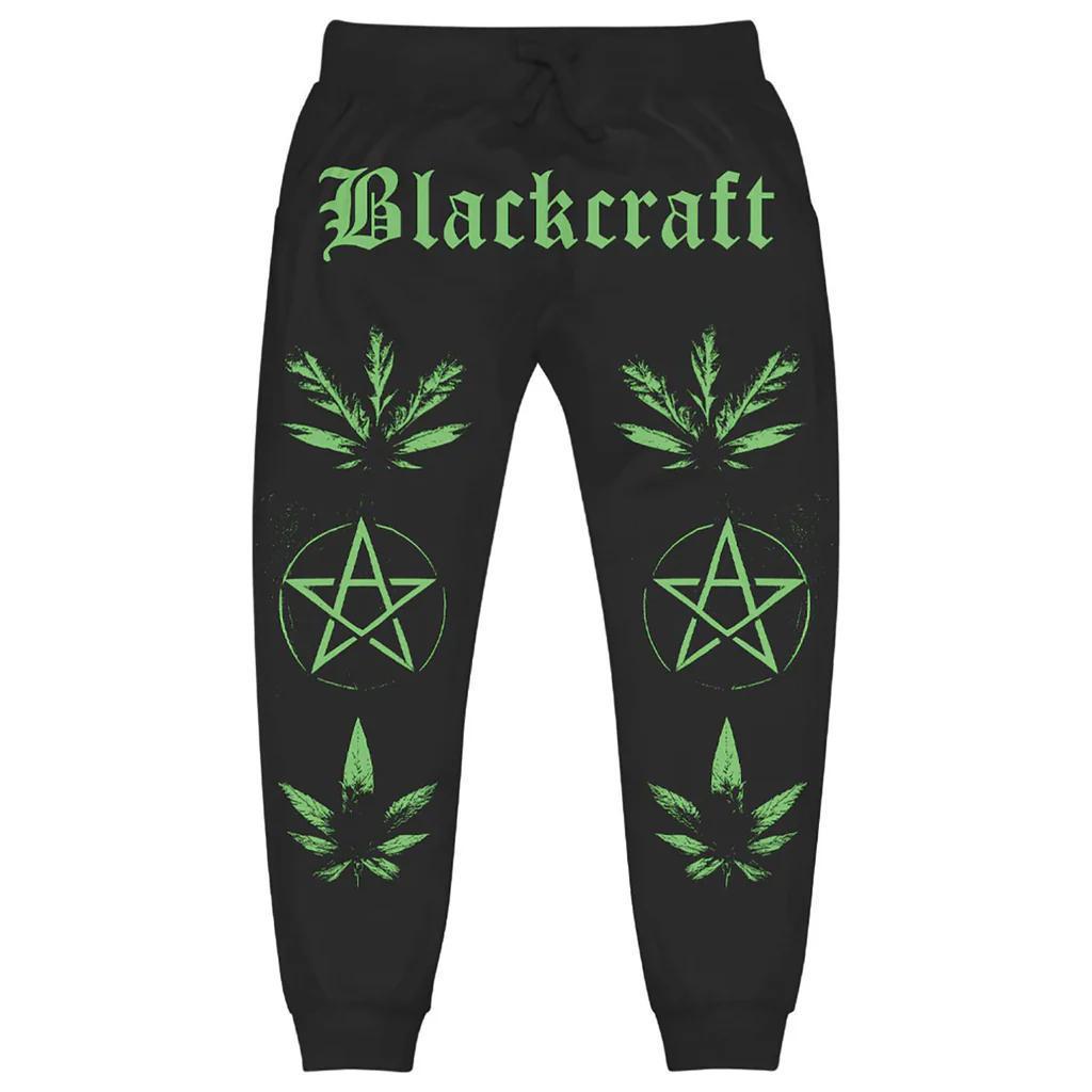 BlackCraft Cult Joggers featuring green Blackcraft logo and occult designs on a black background, perfect for stylish comfort.