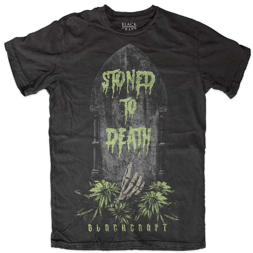 BlackCraft Cult T-shirt featuring 'Stoned to Death' graphic and unique occult design.