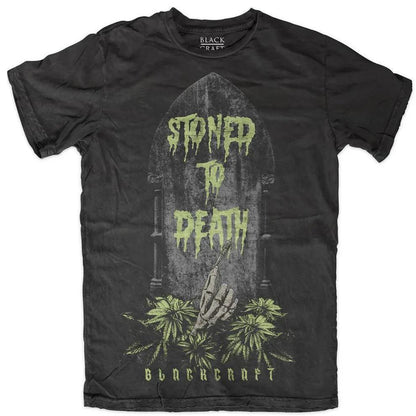 BlackCraft Cult T-shirt featuring 'Stoned to Death' graphic and unique occult design.