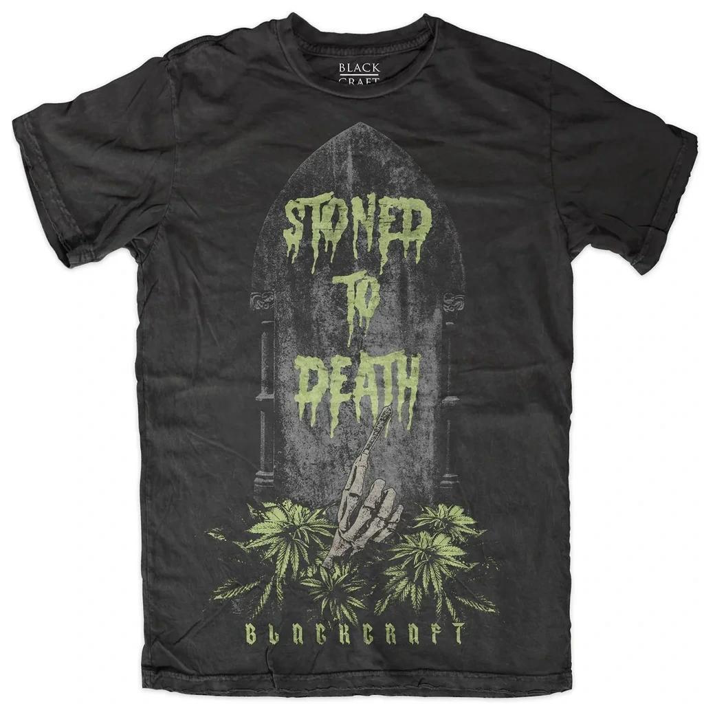 BlackCraft Cult T-shirt featuring occult-inspired 'Stoned to Death' graphic design with hand and plants.