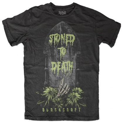 BlackCraft Cult T-shirt featuring occult-inspired 'Stoned to Death' graphic design with hand and plants.