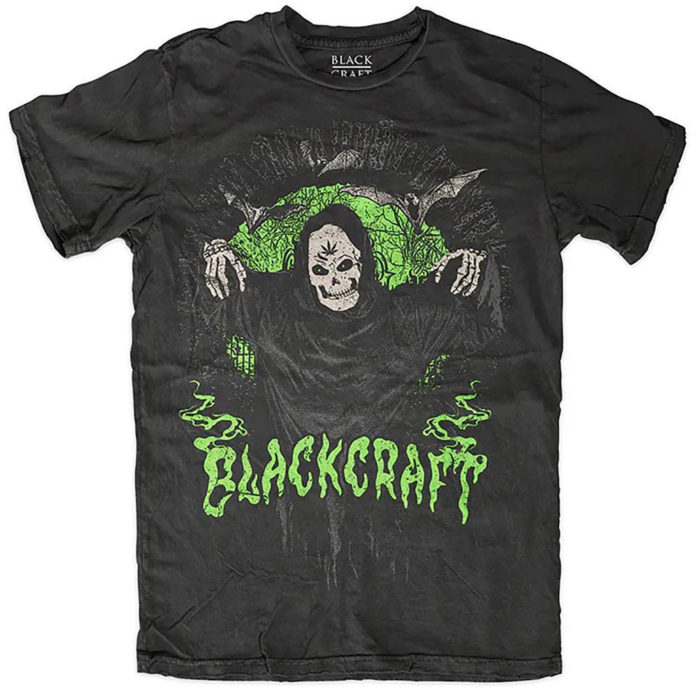 BlackCraft Cult T-shirt featuring iconic skull and graphic design in black and green colors.