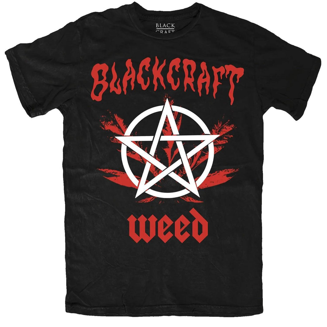 BlackCraft Cult T-shirt featuring pentagram and weed graphics on black background, celebrating individuality.