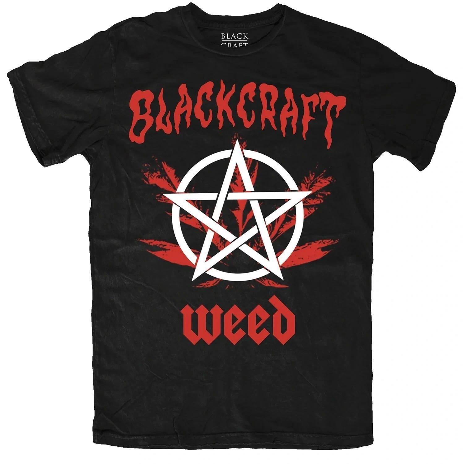 BlackCraft Cult T-shirt featuring a pentagram and weed graphic in bold black and red colors on a black background.