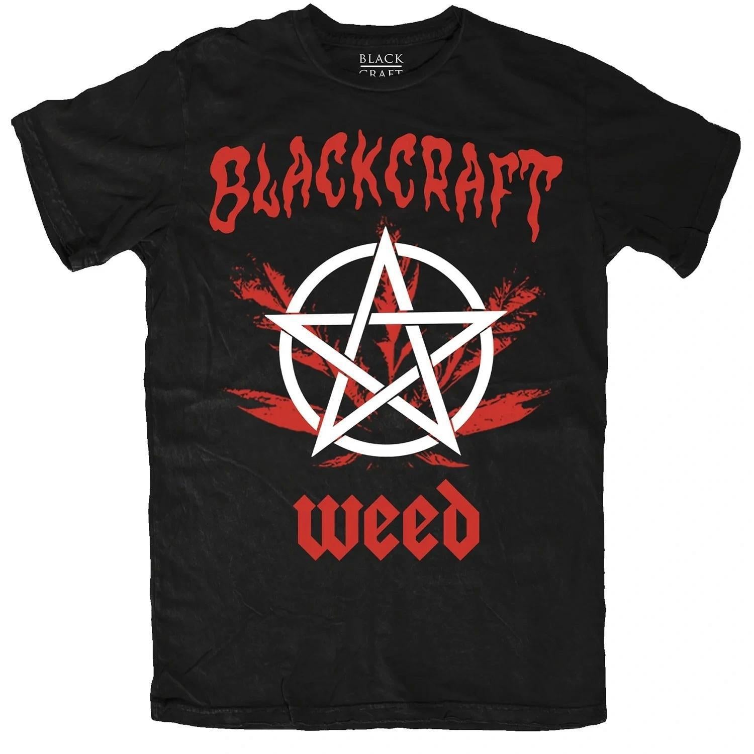 BlackCraft Cult T-shirt featuring a pentagram and bold graphics, showcasing a rebellious fashion statement.