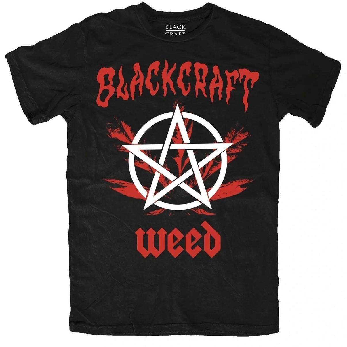 BlackCraft Cult T-shirt featuring occult graphics and the word 'weed' on a black background.