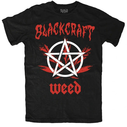 BlackCraft Cult T-shirt featuring occult graphics and the word 'weed' on a black background.