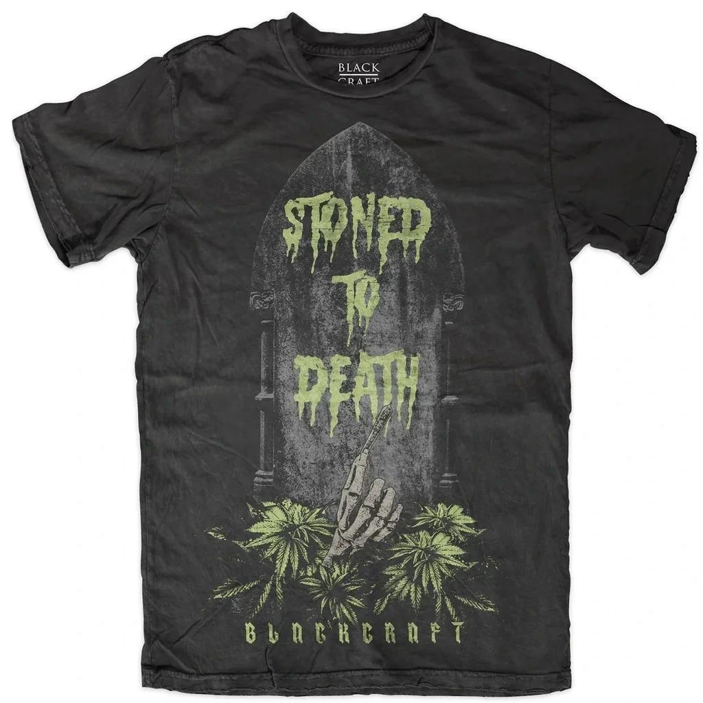 BlackCraft Cult T-shirt featuring 'Stoned to Death' graphic design in dark color.