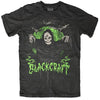 BlackCraft Cult T-shirt featuring skull graphic in black and green, showcasing bold occult-inspired design.