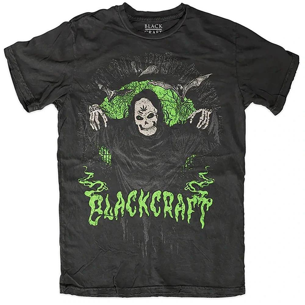 BlackCraft Cult T-shirt featuring a skull graphic and green occult design on black fabric.