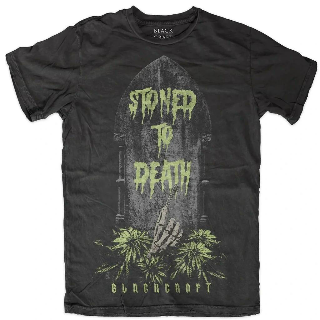 BlackCraft Cult T-shirt featuring bold 'Stoned to Death' graphic design on a black background.