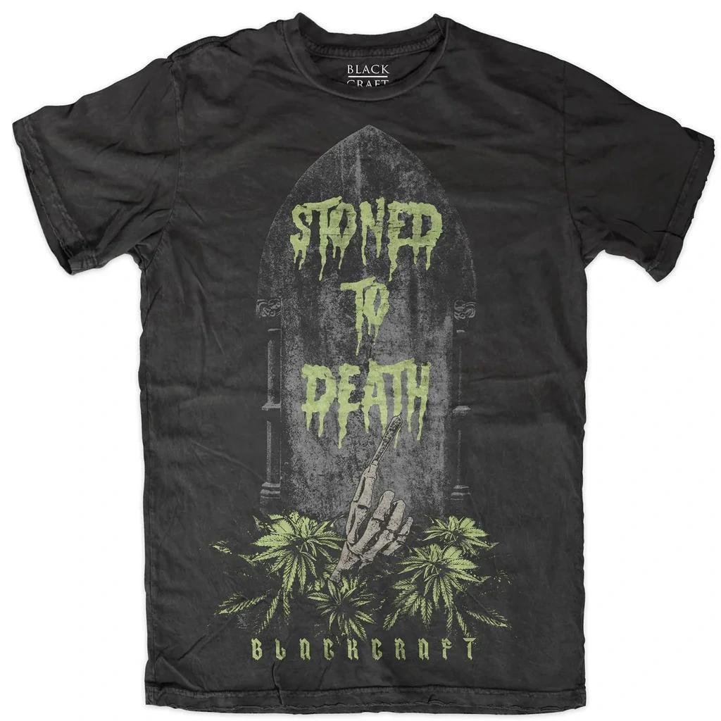 BlackCraft Cult T-shirt with 'Stoned to Death' graphic design featuring a skeletal hand and plant motifs.