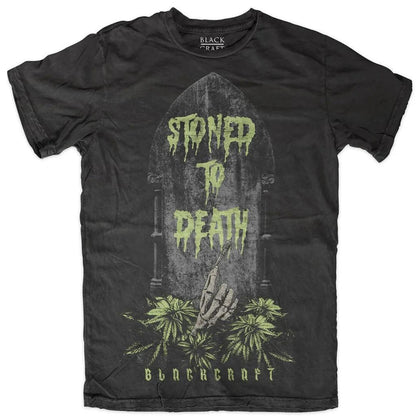 BlackCraft Cult T-shirt with 'Stoned to Death' graphic design featuring a skeletal hand and plant motifs.