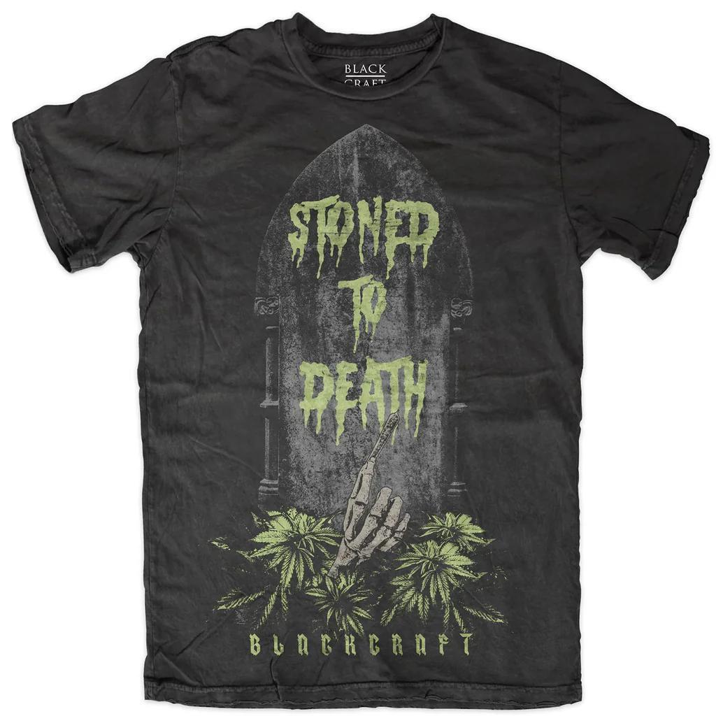 BlackCraft Cult T-shirt featuring 'Stoned to Death' graphic on a black background with occult elements.