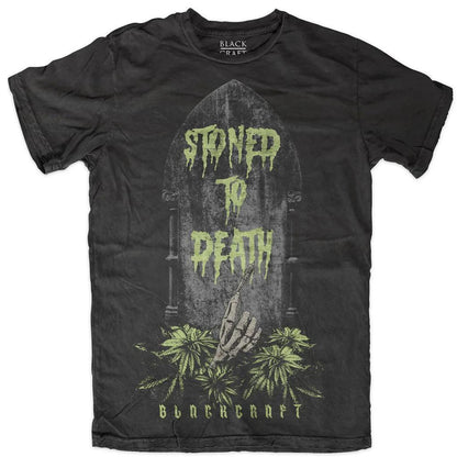 BlackCraft Cult T-shirt featuring 'Stoned to Death' graphic on a black background with occult elements.