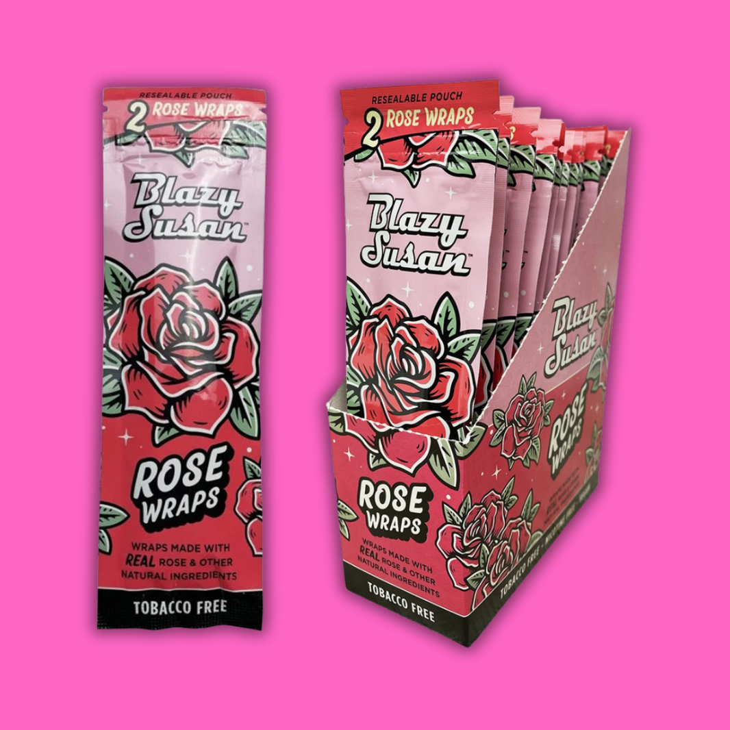 Blazy Susan Wraps - Rose Wraps packaging showcasing 2 tobacco-free wraps with rose design against a pink background.