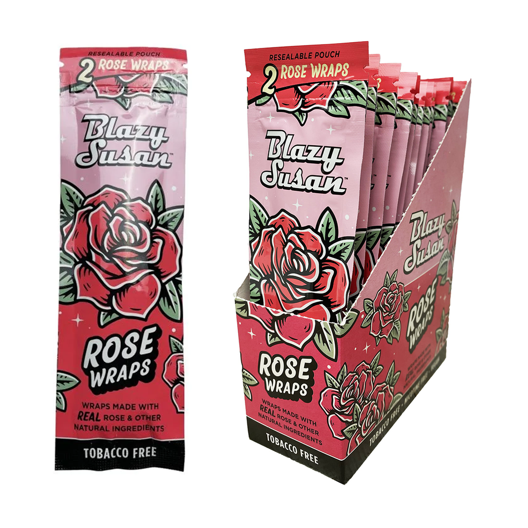 Blazy Susan Wraps - Rose Wraps in a resealable pouch, featuring floral design and tobacco-free materials.
