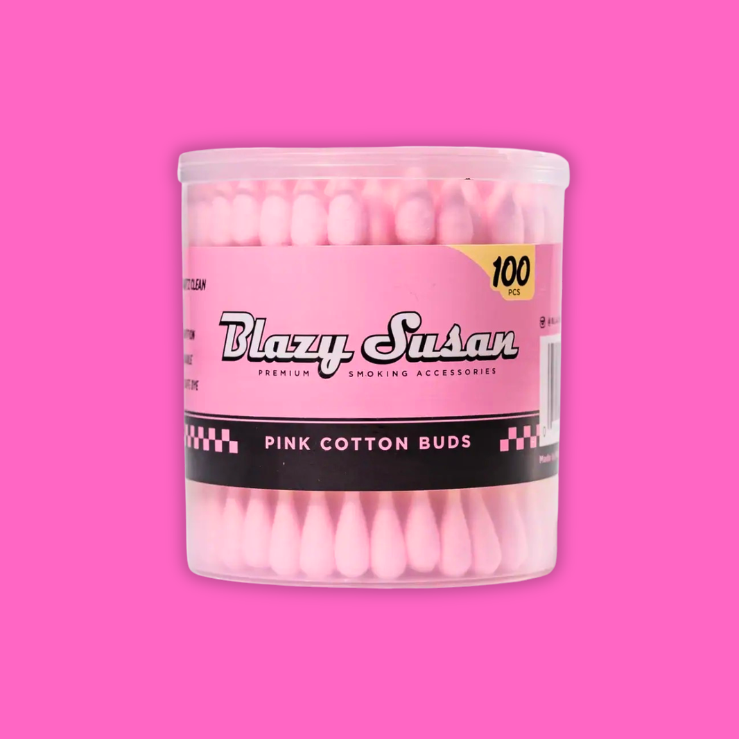 Blazy Susan Pink Cotton Buds 100 Count in a clear container on a pink background.