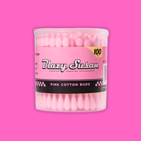 Blazy Susan Pink Cotton Buds 100 Count in a clear container on a pink background.