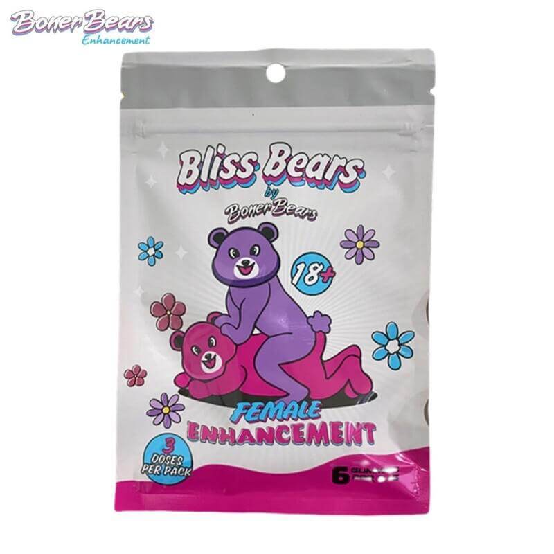 Bliss Bears female enhancement gummies packaging featuring playful bear characters and floral designs.