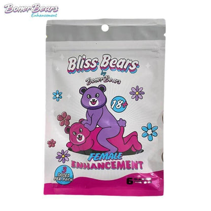Bliss Bears female enhancement gummies packaging featuring playful bear characters and floral designs.