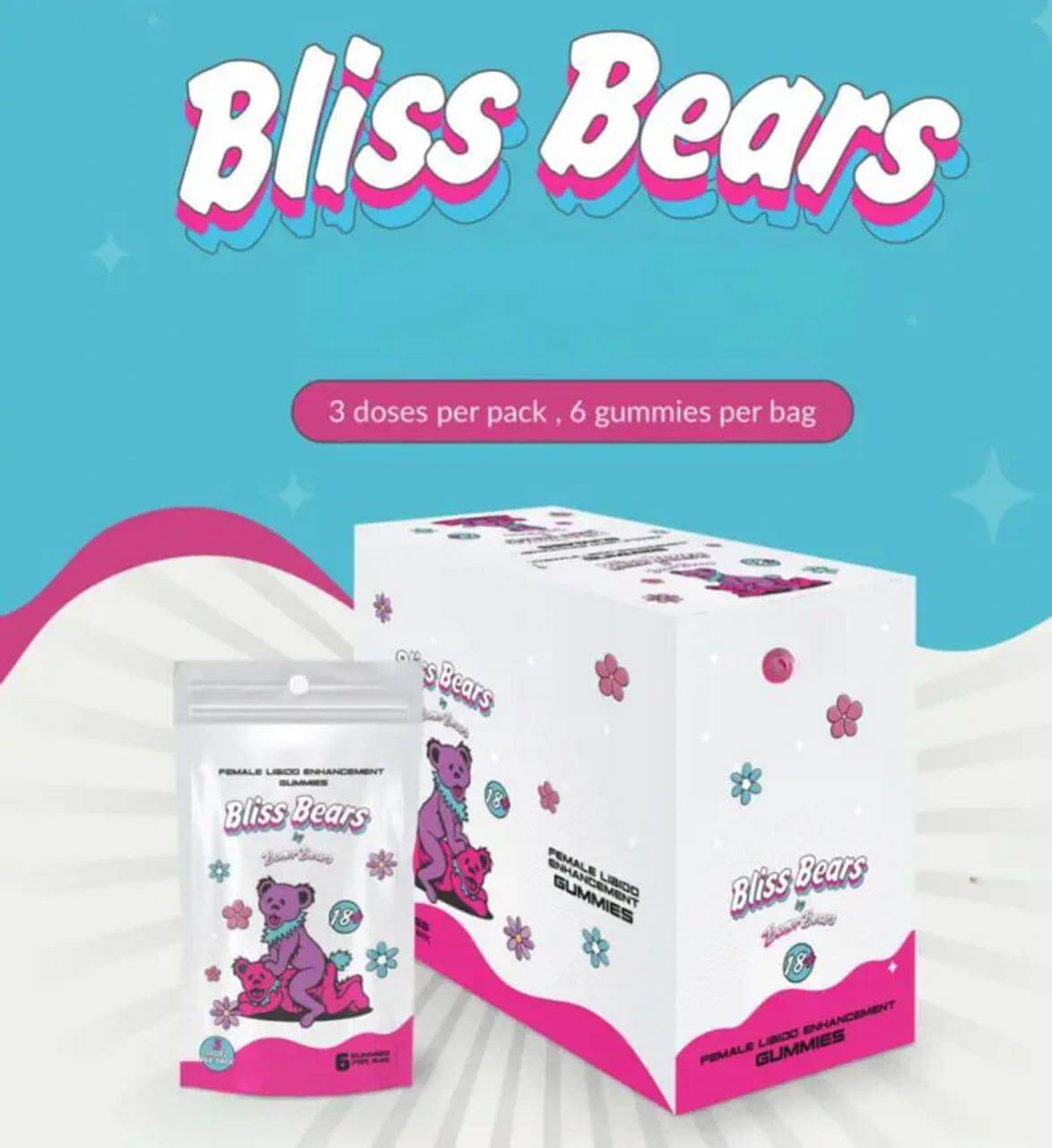 Bliss Bears Female Enhancement Gummies package and pouch, promoting intimacy and wellness.