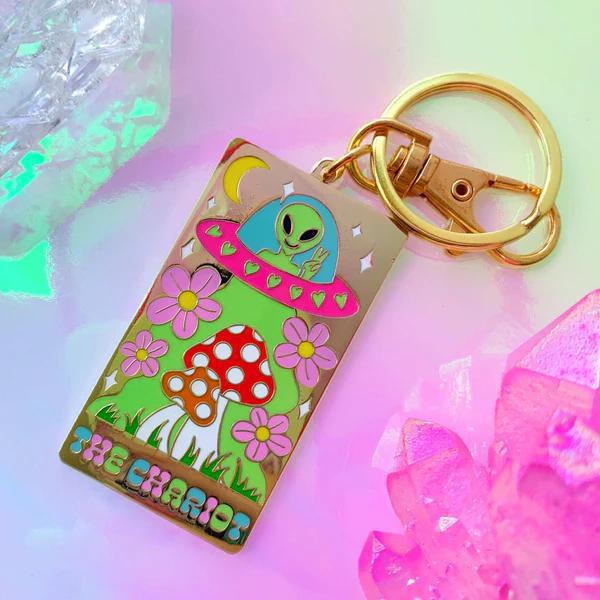 Bobby Pins Co. Keychain - Chariot Tarot Card featuring colorful alien and floral designs.