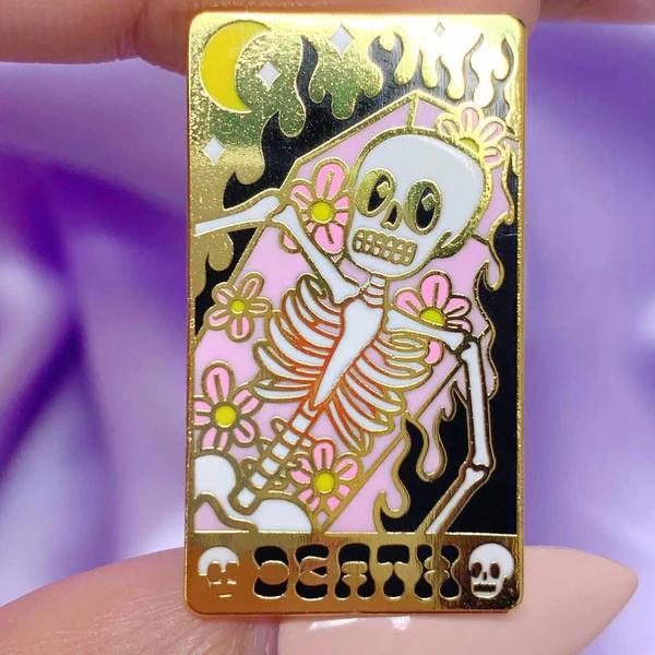 Bobby Pins Co. Keychain - Death Tarot Card featuring a colorful skeleton design with flowers and the word 'DEATH'.